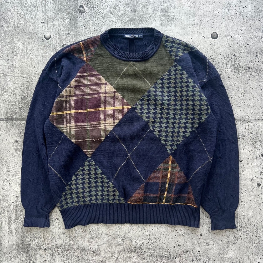 Vintage Nautica Sweater Men Large Navy Argyle Plaid Houndstooth Cotton Wool Knit